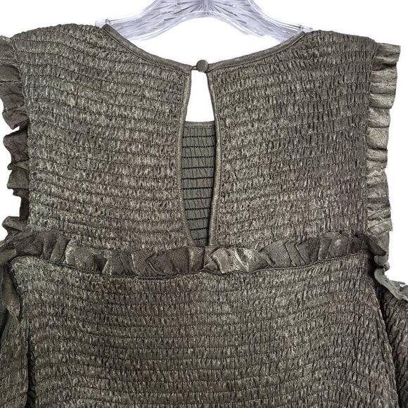 NEW STORIA Olive Green Cold Shoulder Balloon Sleeves Ruffle Mini Dress Medium - Picture 9 of 11